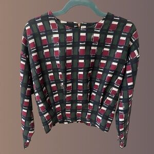 Boxy Plaid Print Long-Sleeve Top - Burgundy/Green